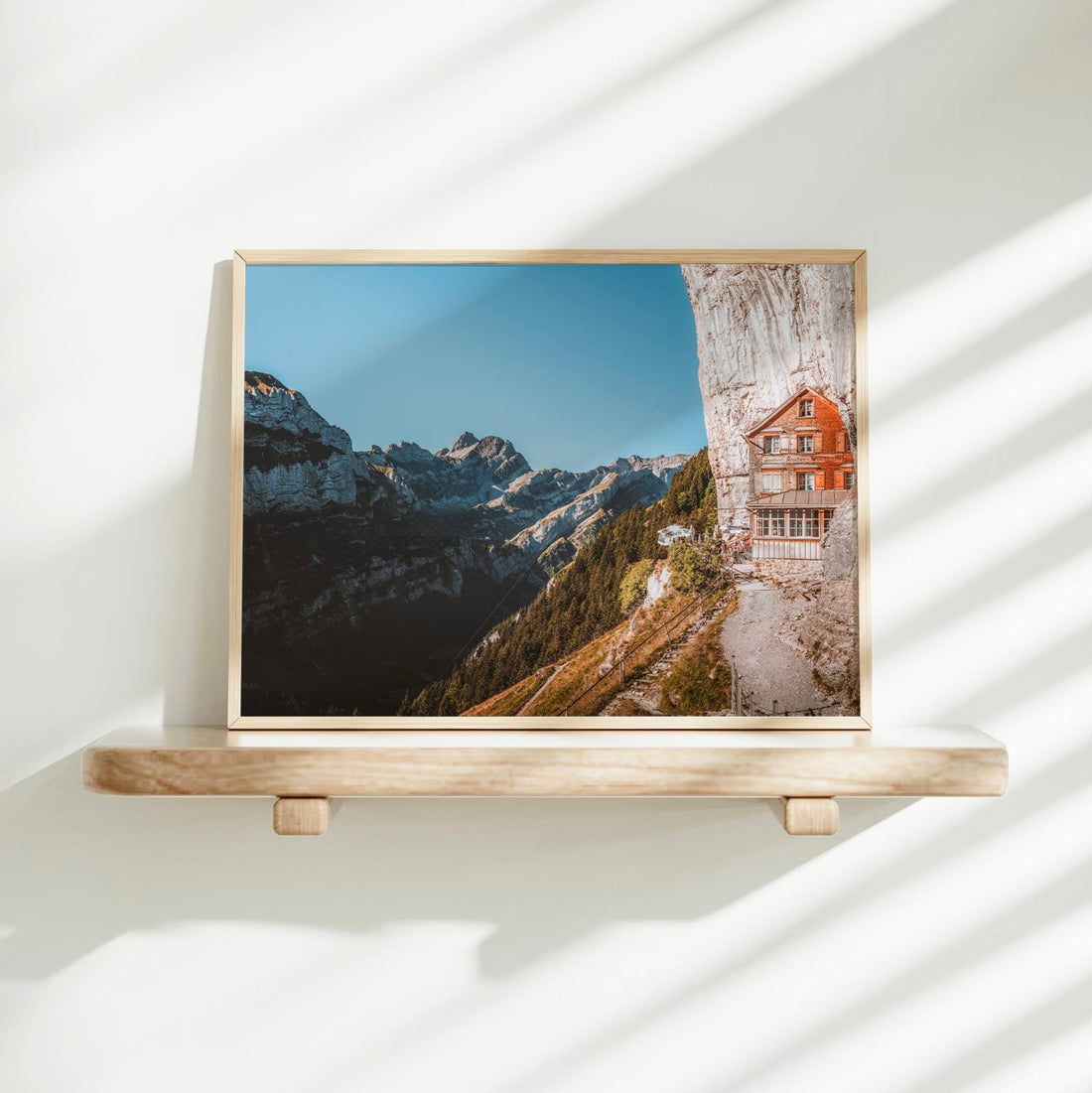 Hidden Swiss Alps hiking destination print featuring the legendary Aescher Berggasthaus and panoramic peaks.