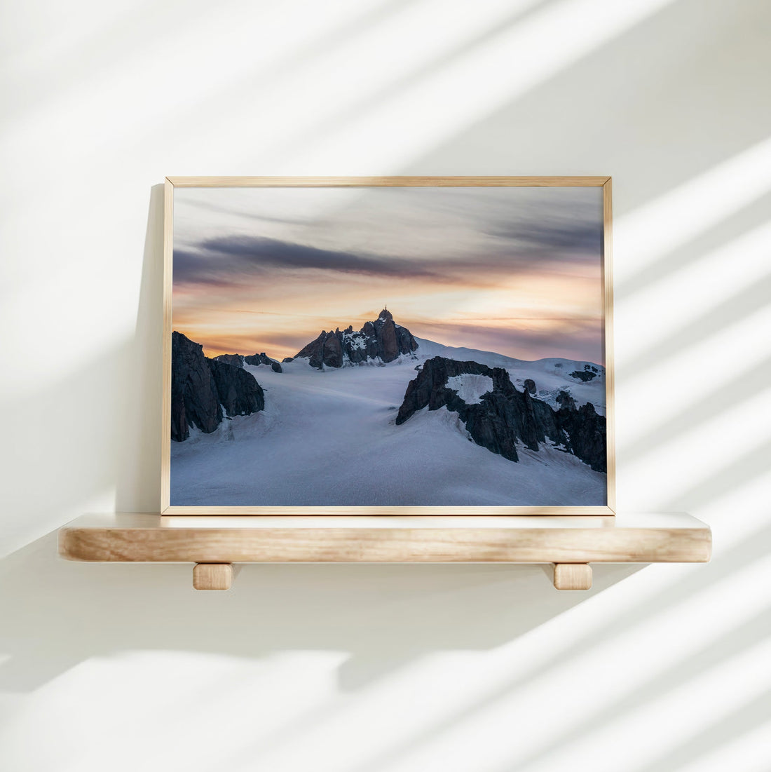 High alpine French mountain print featuring snow-covered peaks and iconic Aiguille du Midi tower.