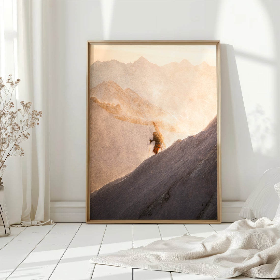Dramatic high alpine mountaineering photography print featuring climbers on a sharp ridgeline.