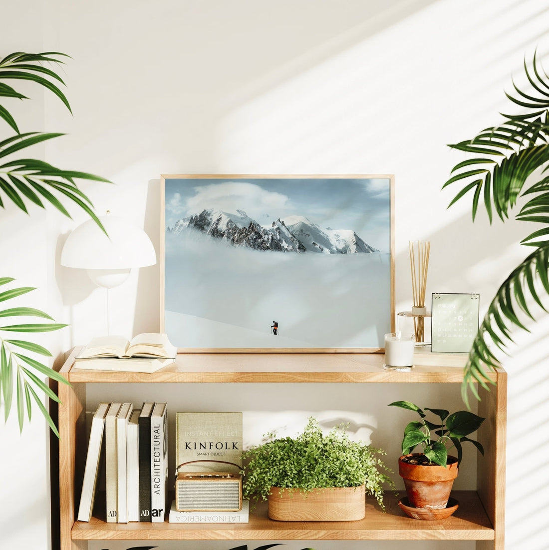 High alpine ski tour photography print capturing an adventurer trekking through the snowy ridges of Mont Blanc.