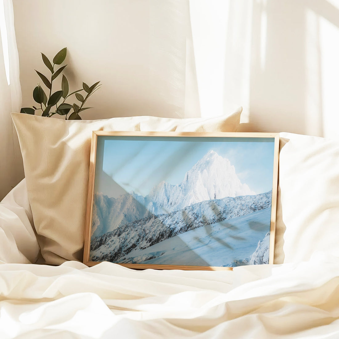 High alpine snowy mountain print of the French Alps, with glacial textures and crisp winter light.