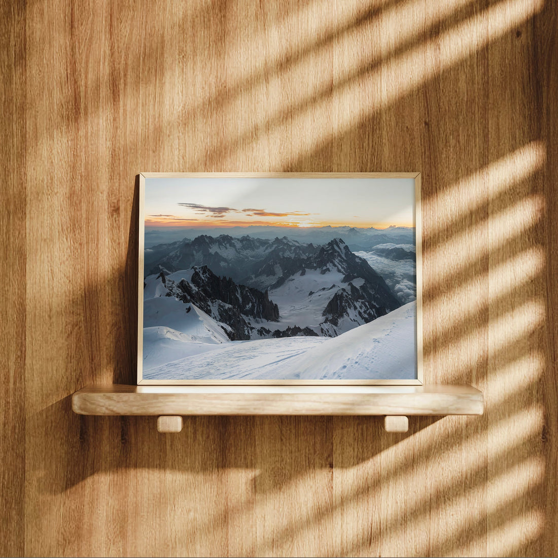 High alpine photography print capturing the golden sunrise from Mont Blanc in the French Alps.