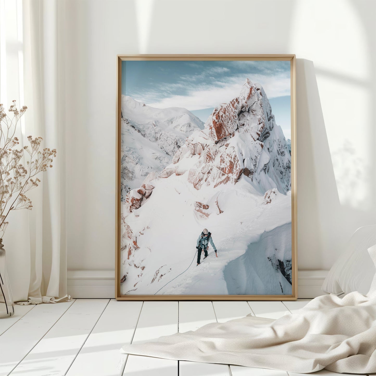 High-altitude climbing wall art print of a mountaineer navigating the rugged Cosmiques Ridge.