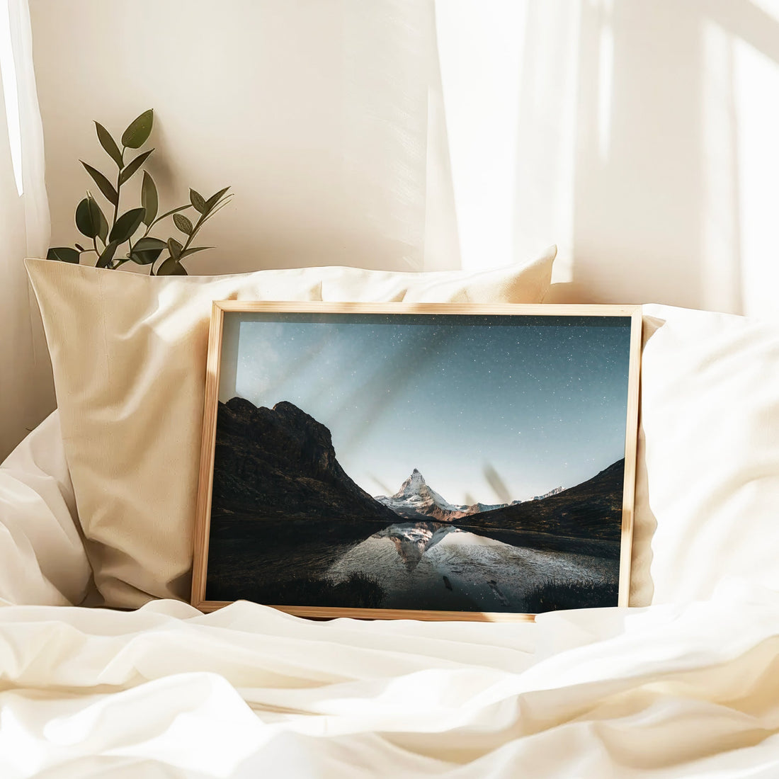 High-altitude scenic lake wall print showcasing the Matterhorn's sharp peak against a dreamy night backdrop.