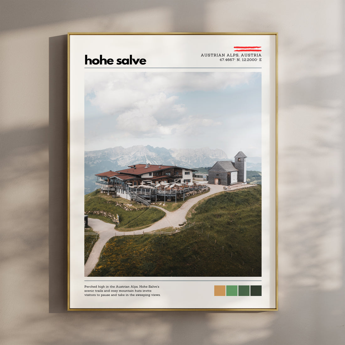 Hohe Salve location poster framed on a wall, featuring an alpine mountain lodge and church in the Austrian Alps
