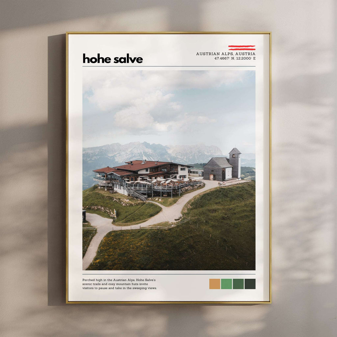 Hohe Salve location poster framed on a wall, featuring an alpine mountain lodge and church in the Austrian Alps