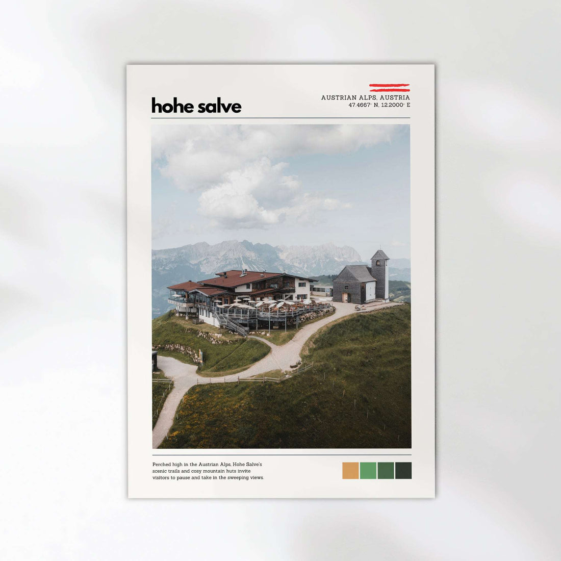 Hohe Salve Austrian Alps location poster showing a mountain lodge and alpine landscape in a clean exhibition-style design
