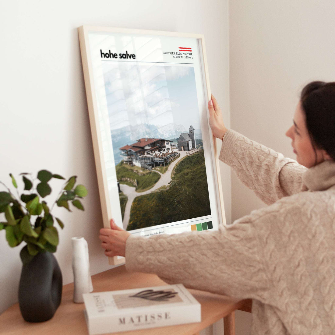 Hohe Salve Austrian Alps poster styled on a surface with modern decor and alpine-inspired colours
