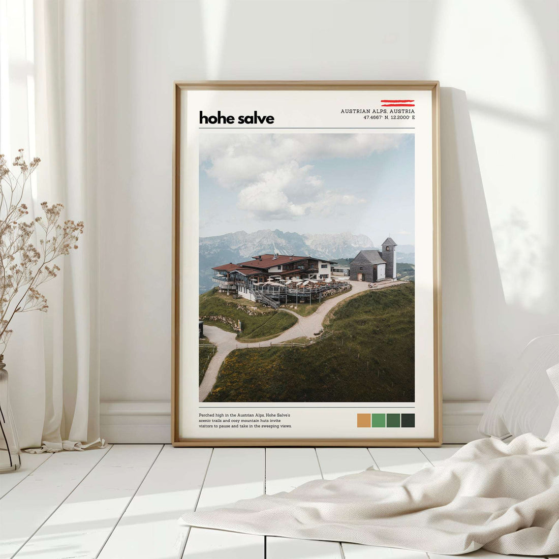 Hohe Salve Austrian Alps wall art displayed in a bright, minimal interior with natural light