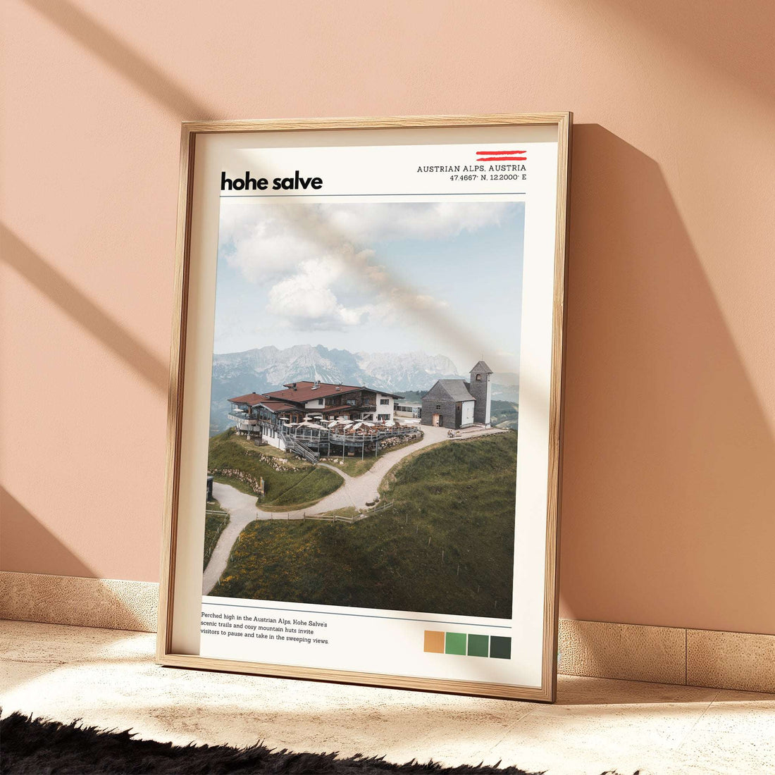 Hohe Salve location poster displayed in a sunlit interior highlighting alpine tones and landscape details