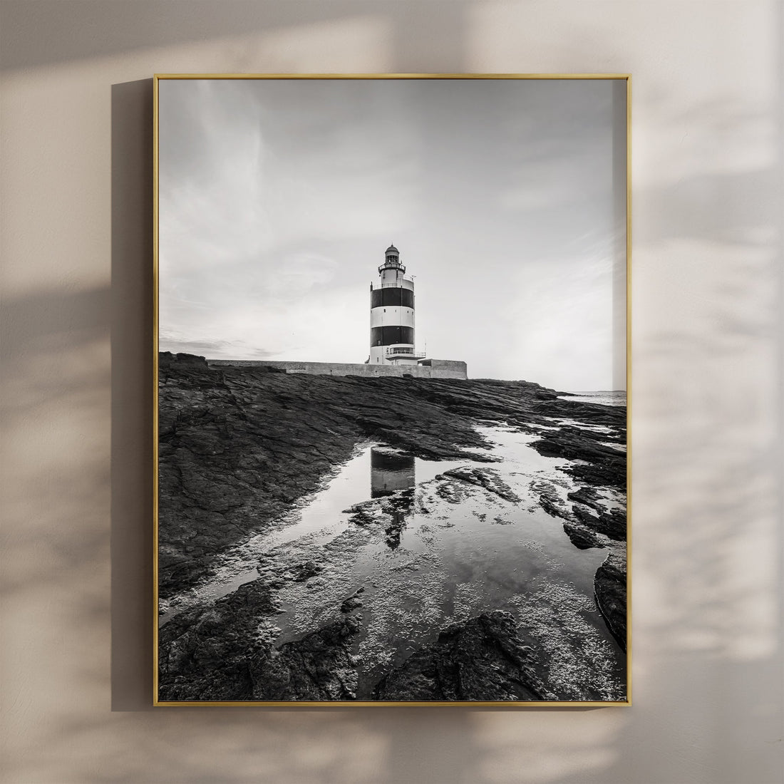 Black and white wall art print of Hook Head Lighthouse reflected in puddle