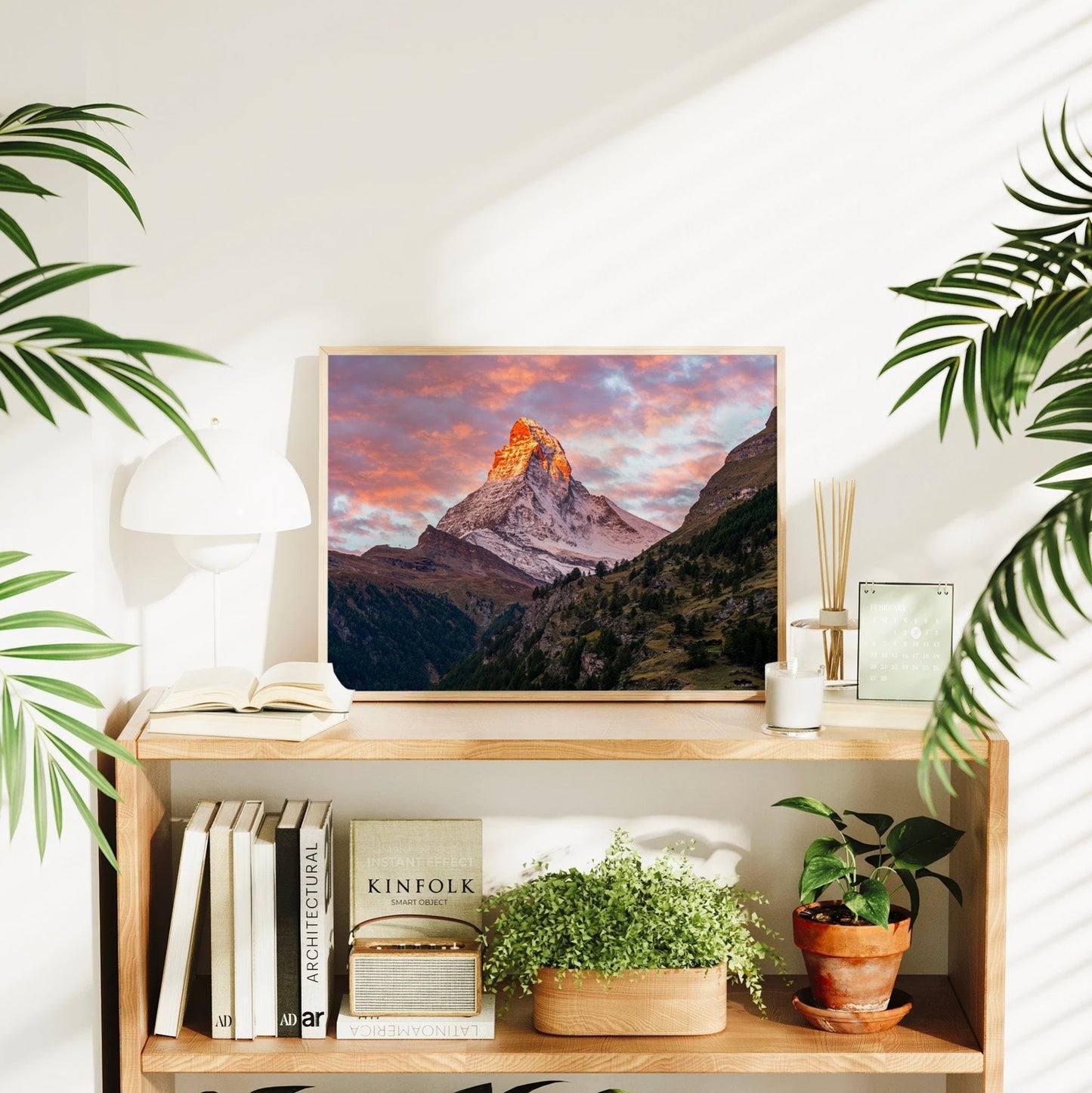 Iconic Matterhorn peak wall art print with vibrant sky and alpine terrain at golden hour.