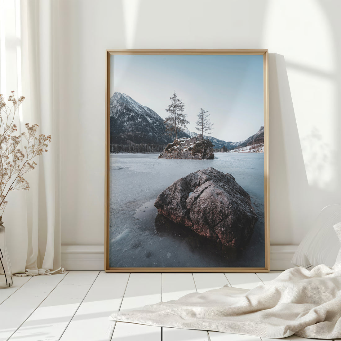 Wintery fine art print of Hintersee lake with snowy peaks and soft light