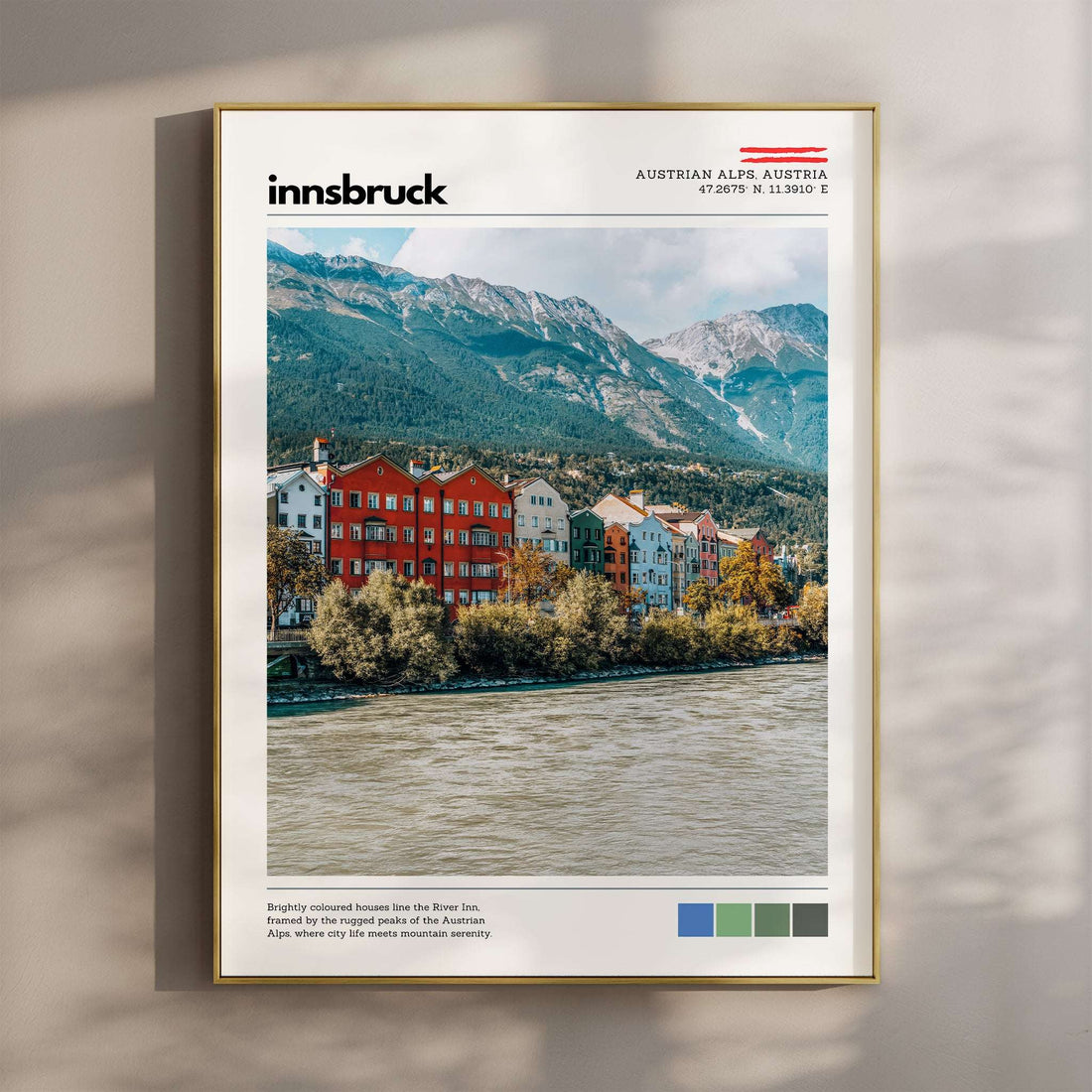 Innsbruck location poster featuring colourful houses along the River Inn with the Austrian Alps in the background