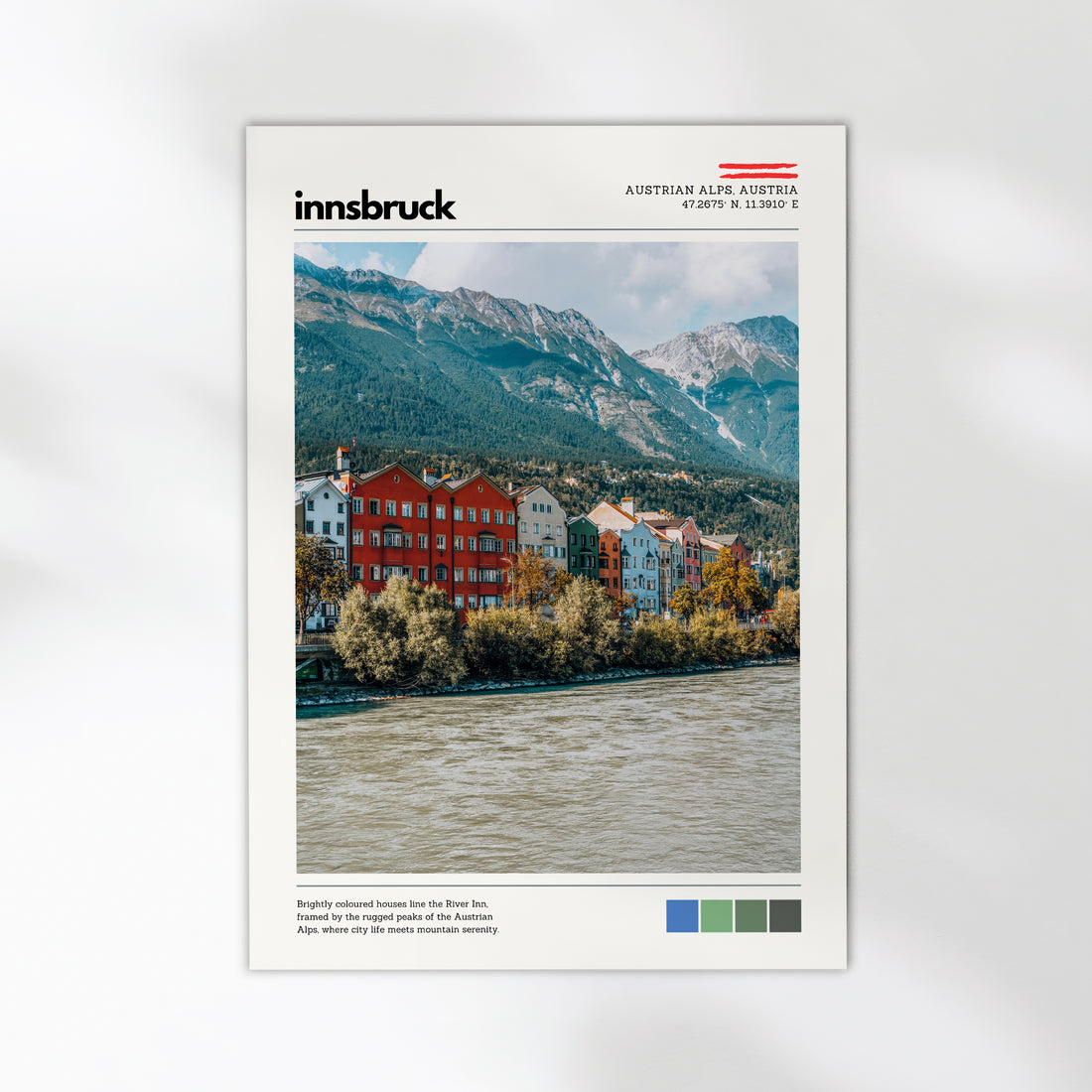 Innsbruck Austrian Alps poster print with alpine mountains and riverside city scenery