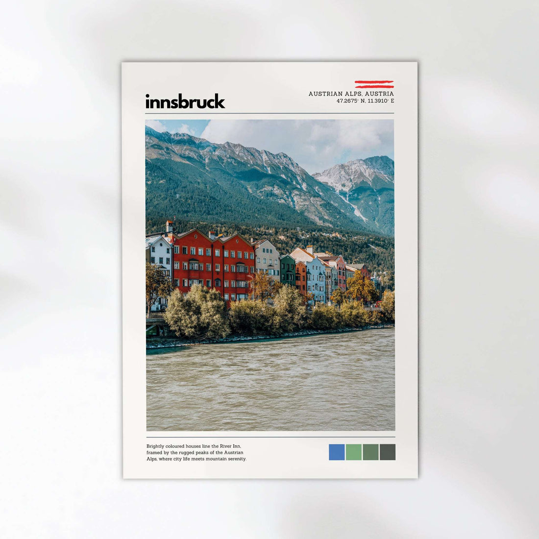 Innsbruck Austrian Alps poster print with alpine mountains and riverside city scenery