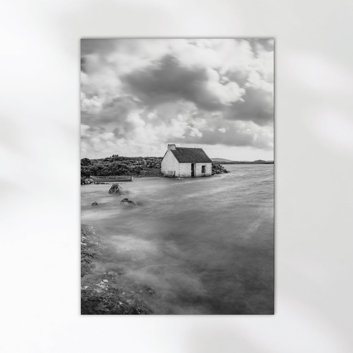 Irish stormy coastal cottage print with dramatic sky and sea