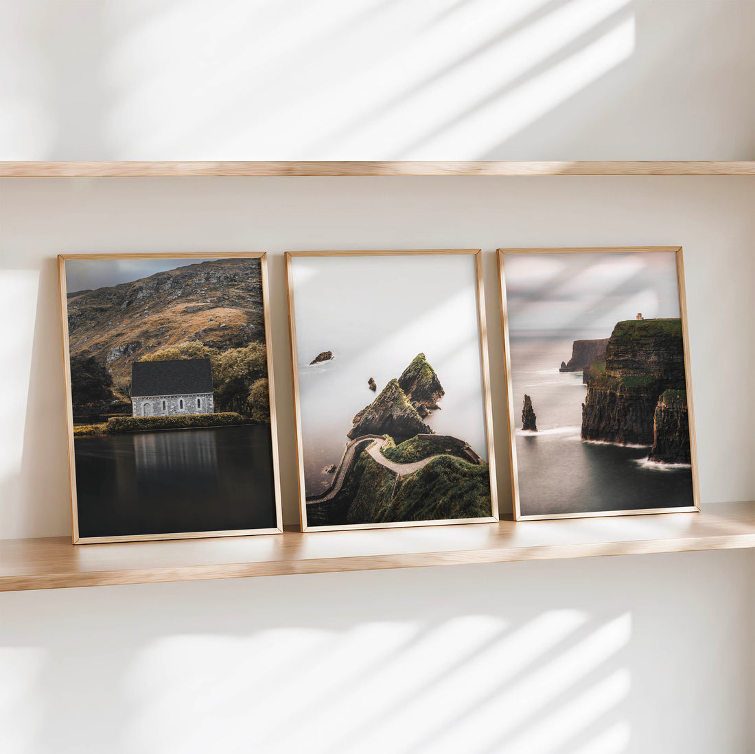 Irish wall art print set of three coastal and landscape photographs styled on a shelf