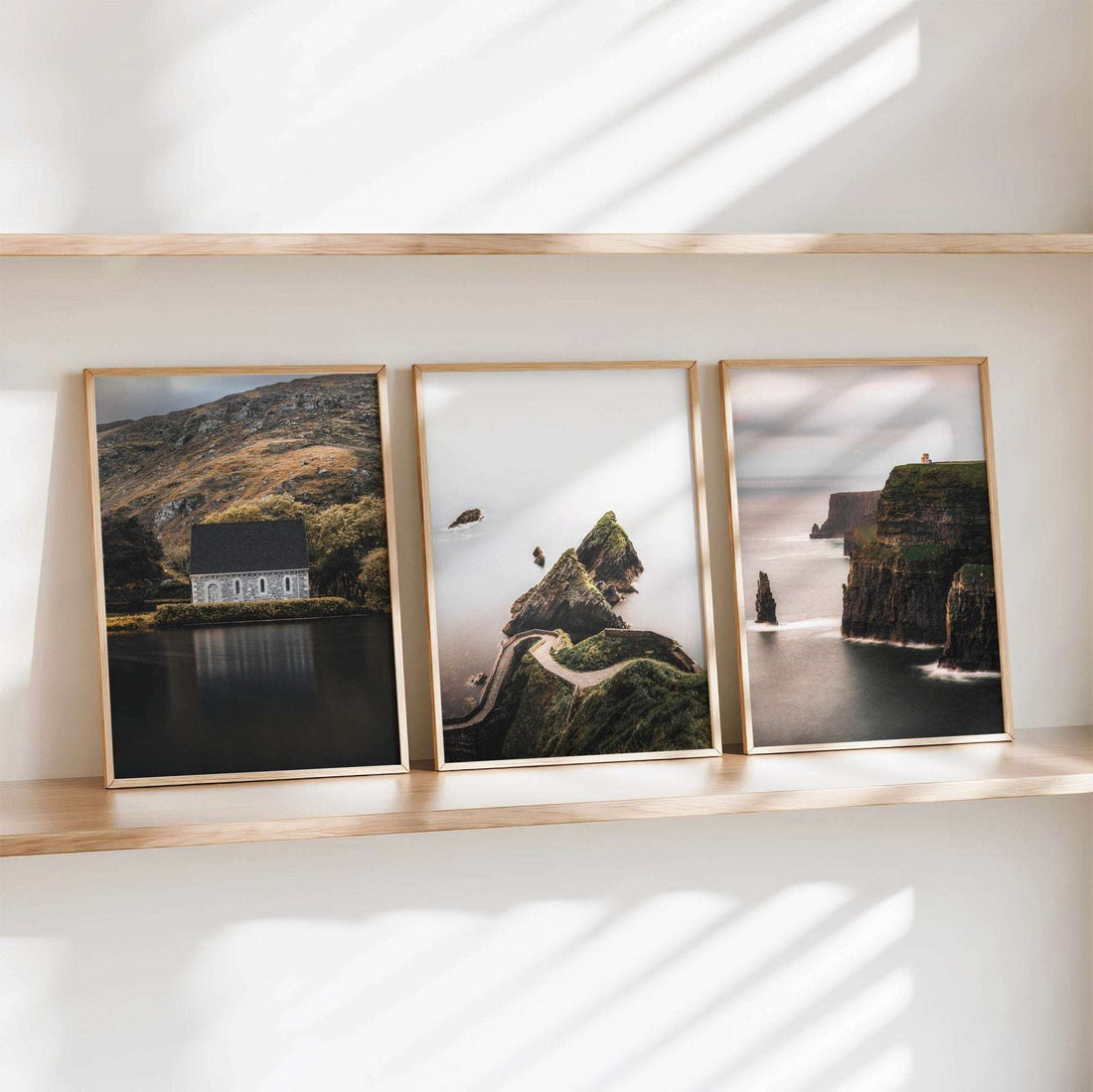 Irish wall art print set of three coastal and landscape photographs styled on a shelf
