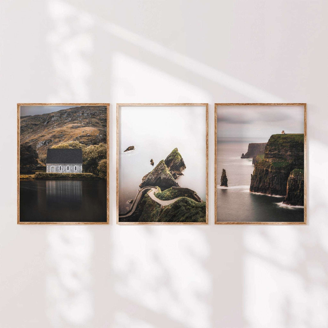 Irish wall art set of three fine art prints featuring Gougane Barra, Dunquin Pier and the Cliffs of Moher