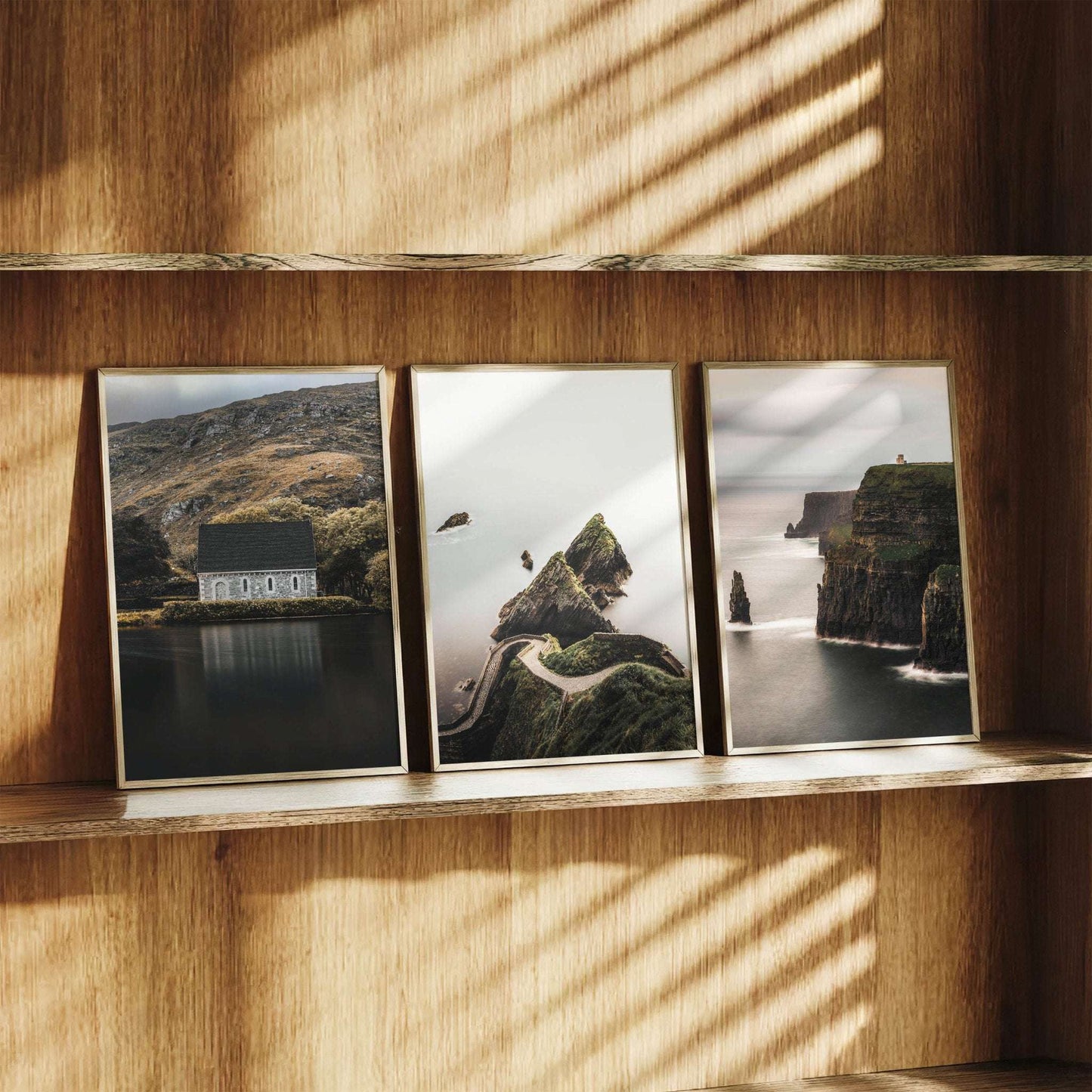 Irish wall art set of three fine art prints styled in a warm natural wood interior