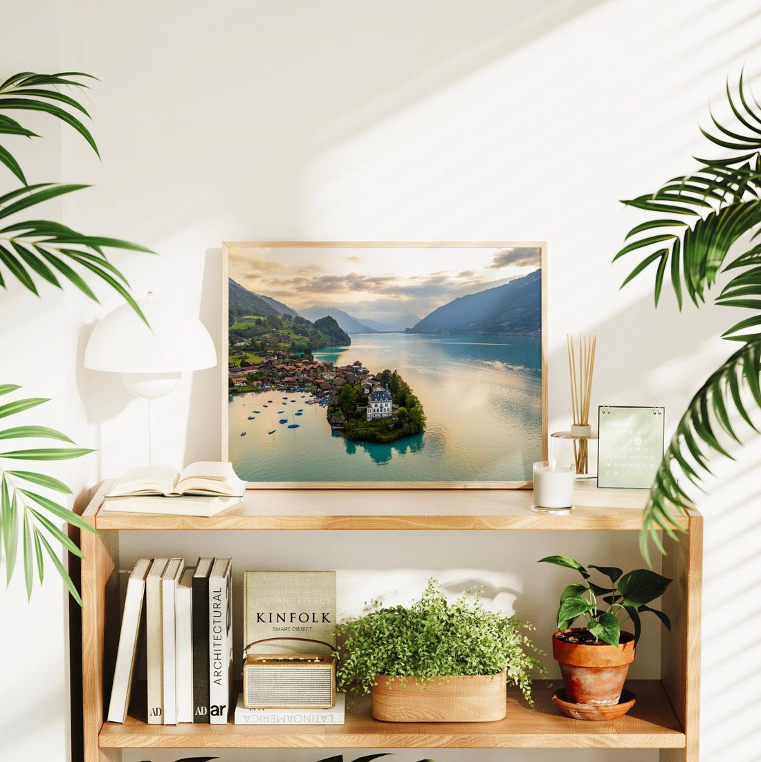 A stunning fine art print of Iseltwald village at sunset, showcasing golden light over Lake Brienz and the Swiss Alps.