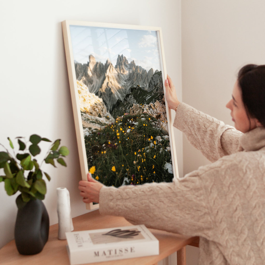 Italian Alps art print featuring the rugged peaks of Cadini di Misurina in golden evening light.