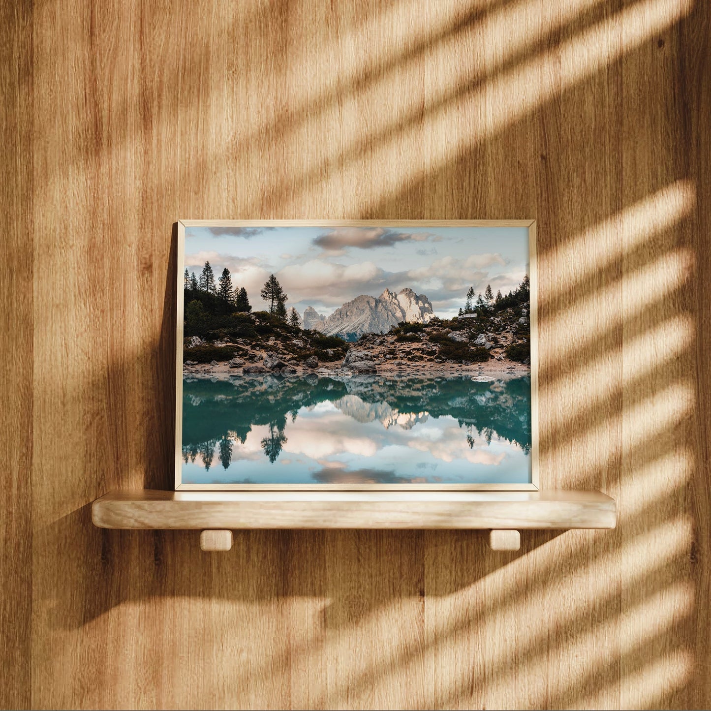 Wall art print of Italy’s Dolomites featuring Lago di Sorapis and rugged Tre Cime peaks in dreamy mountain tones.