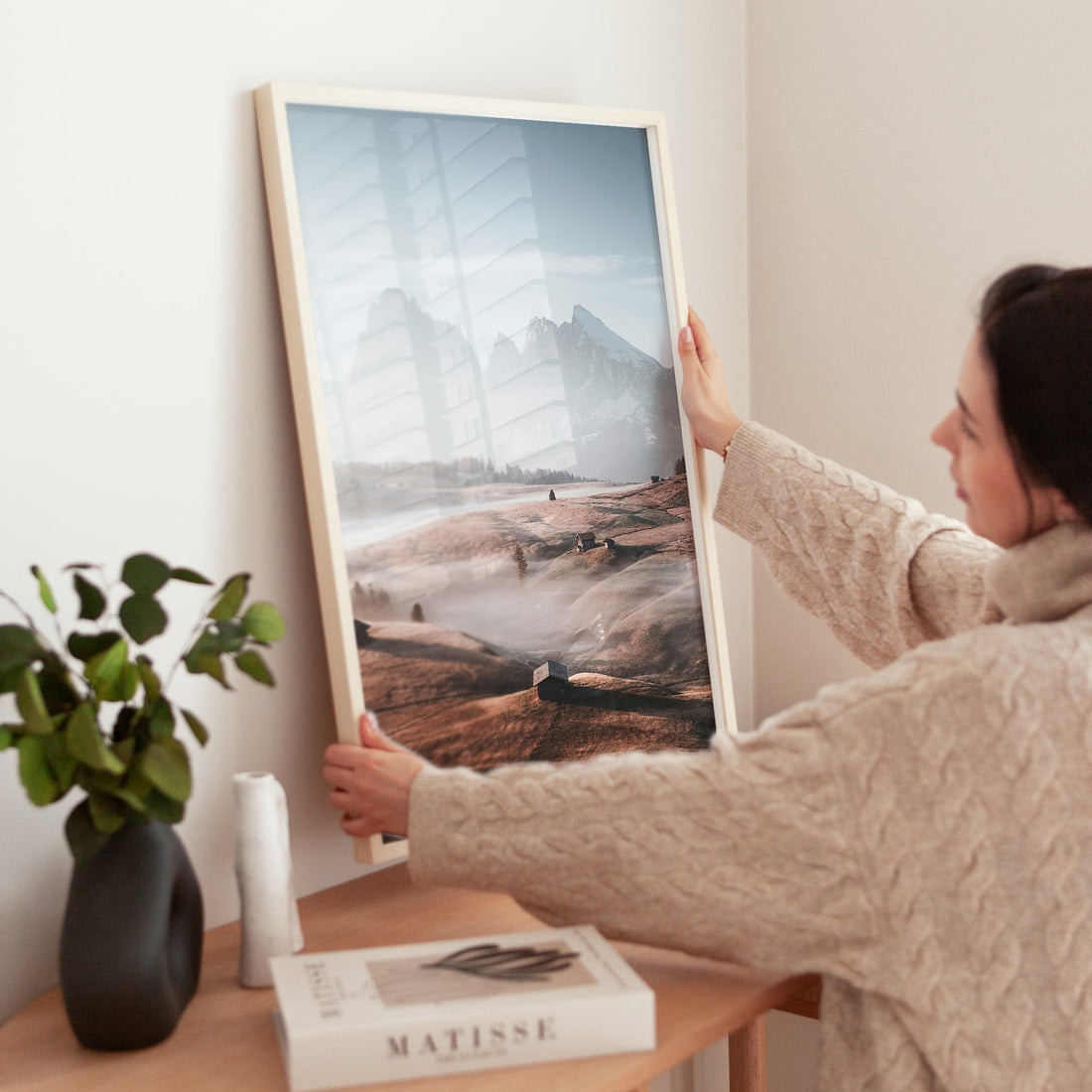 Fog drifting through the rolling hills of the Italian Alps near Alpe di Siusi in this dreamy landscape print.