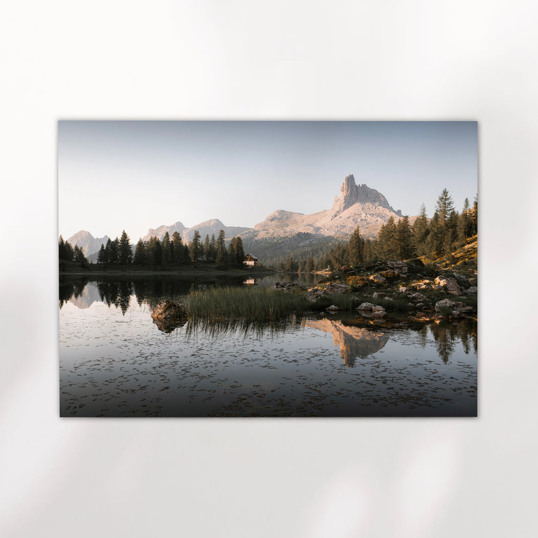 Stunning Italian Alps landscape print of Lago di Federa with crystal-clear waters and alpine scenery.