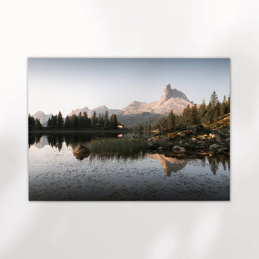 Stunning Italian Alps landscape print of Lago di Federa with crystal-clear waters and alpine scenery.