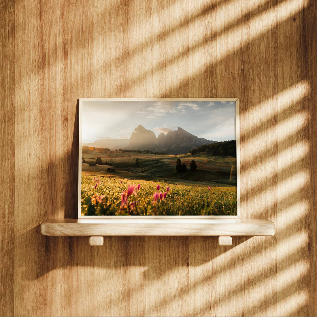 Peaceful meadow landscape print from the Italian Alps, capturing the beauty of Alpe di Siusi at golden hour.