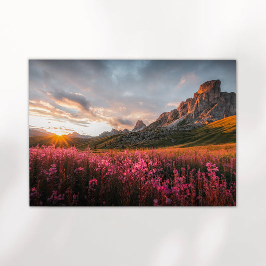 Vibrant Italian mountain landscape photography with pink flowers at sunset in the Dolomites.