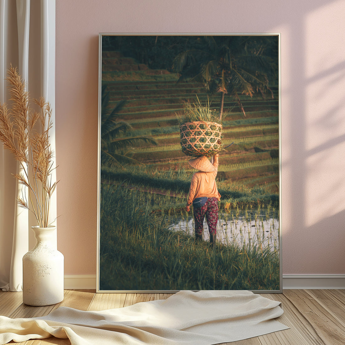Jatiluwih Rice Fields wall print in modern interior with vase and draped fabric