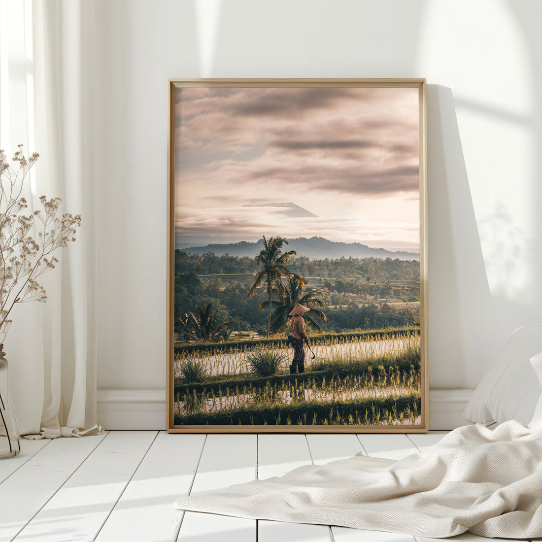 Framed Jatiluwih Rice Fields and Mount Agung wall art in bright sunlit room