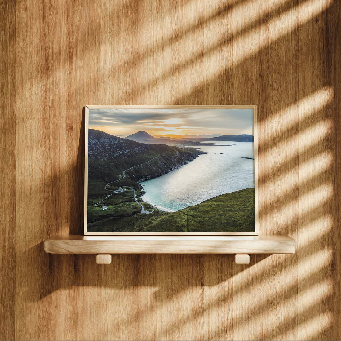 Keem Beach Ireland landscape print displayed on a wooden shelf