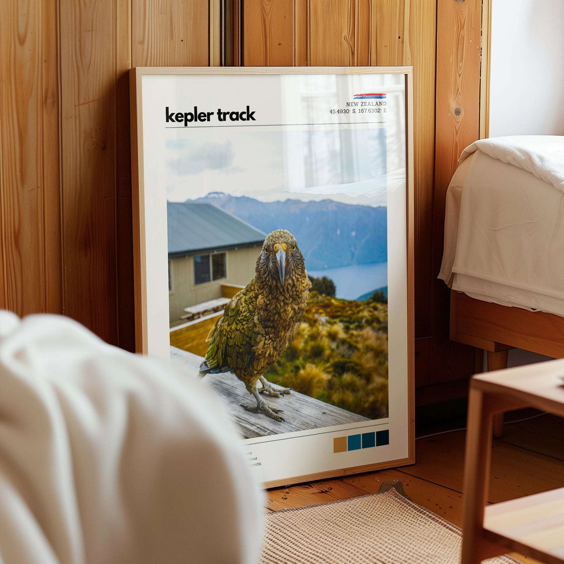 Kepler Track kea wall art print styled in a modern home interior