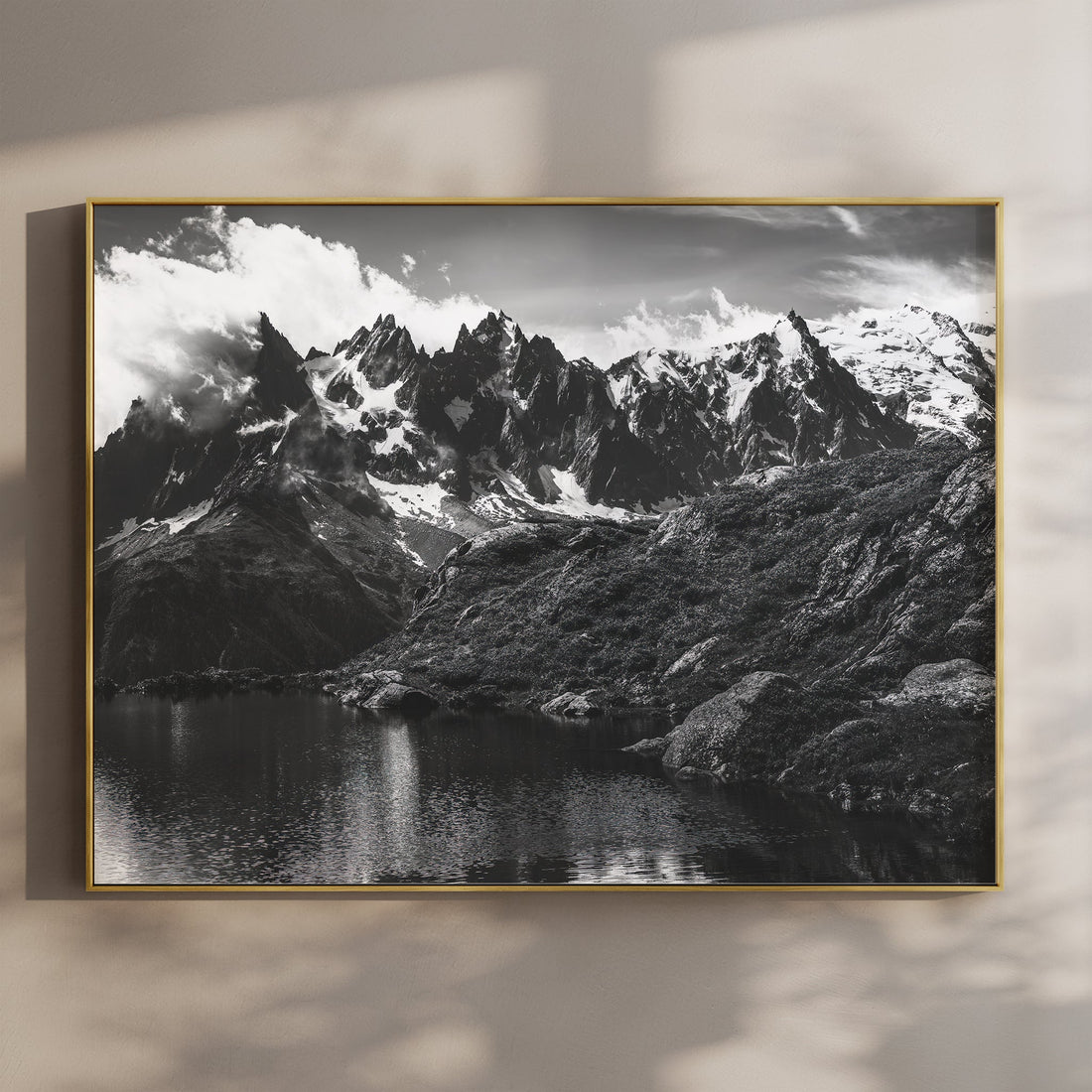 Black and white wall art print of Lac Blanc with dramatic views of the Chamonix Aiguilles in the French Alps.