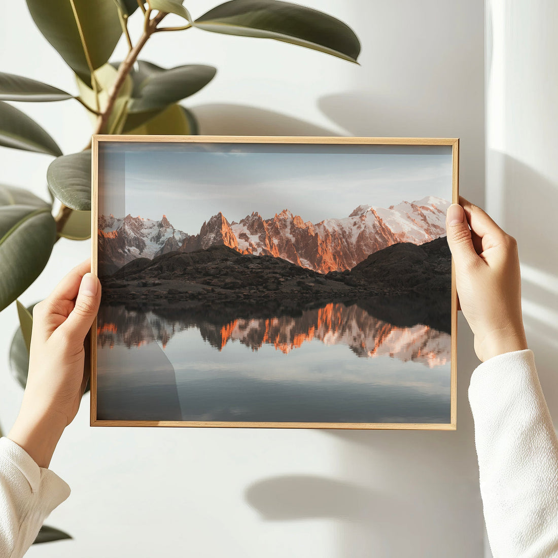 Fine art landscape print of Lac Blanc in the French Alps, with dramatic light on the Mont Blanc massif.