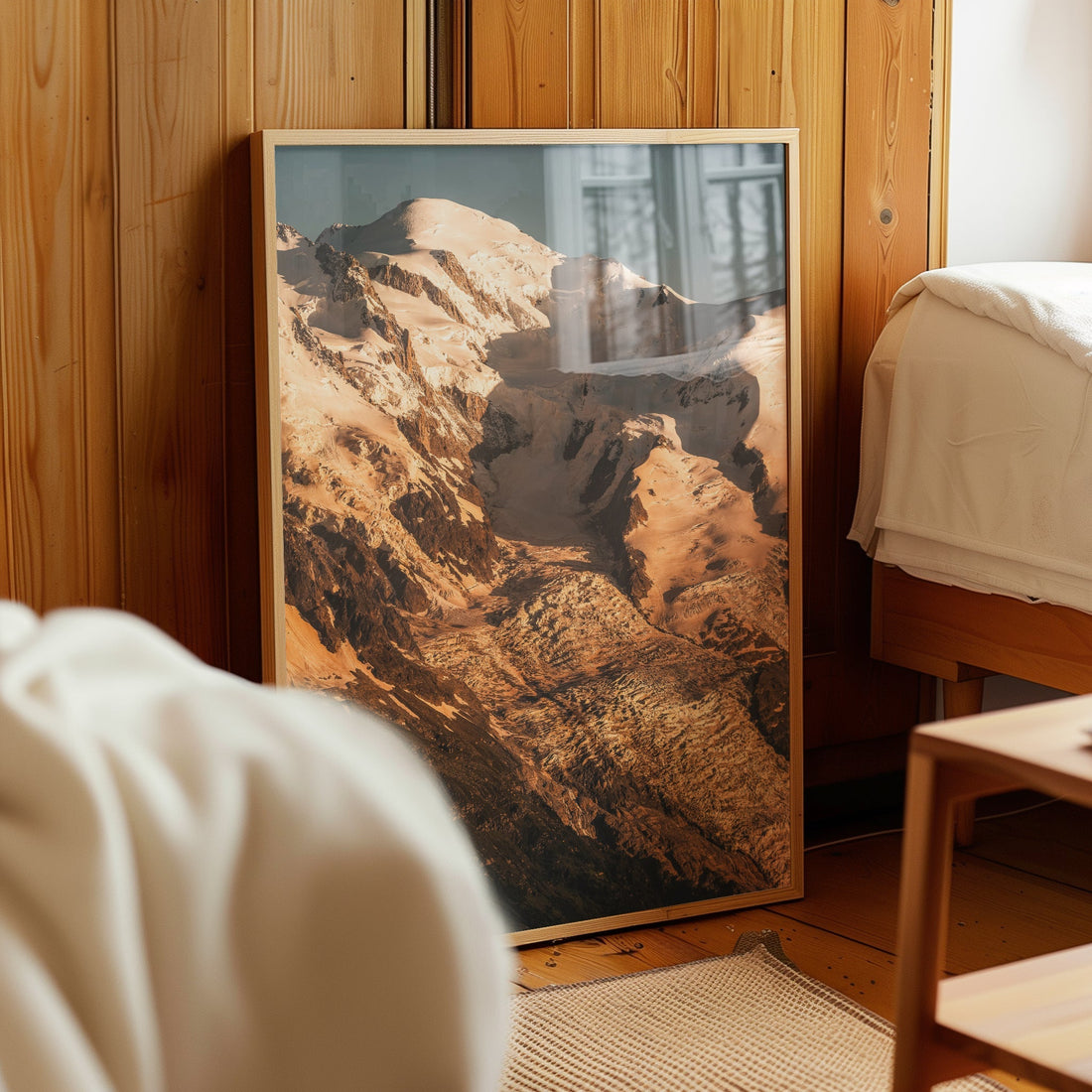 A tranquil alpine lake reflecting Mont Blanc, making for a serene and inspiring wall art print.