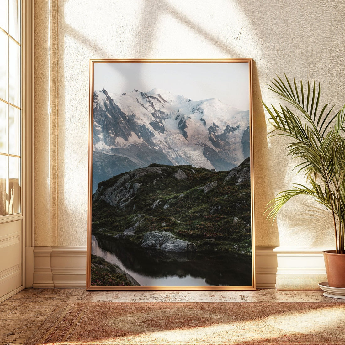 Golden evening light over Lac de la Flégère and alpine mountain scenery.