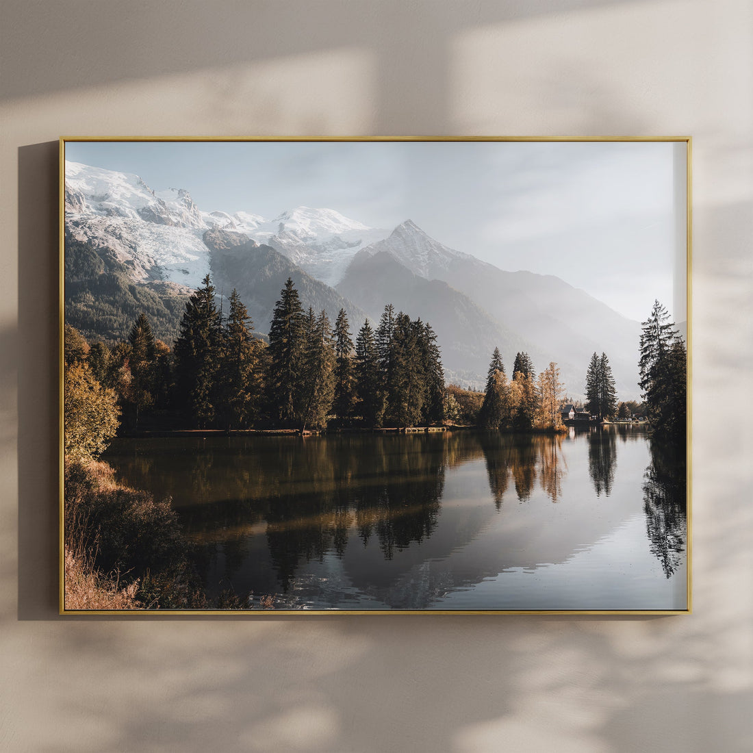 Serene Mont Blanc print featuring Lac des Gaillands reflecting forest and alpine peaks in soft morning light.