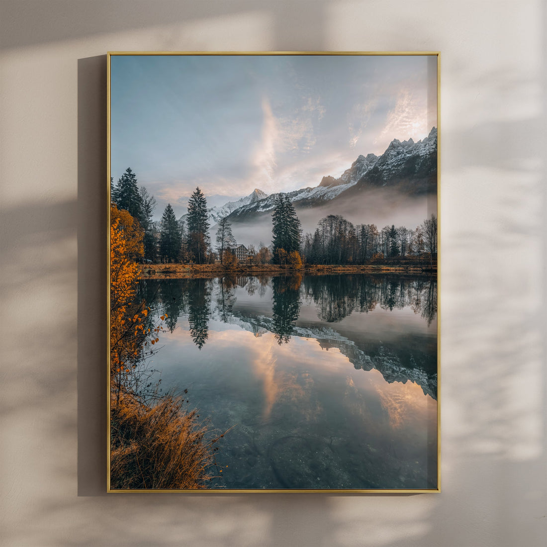 Serene Lac des Gaillands wall art print featuring mountain reflections at sunrise in Chamonix.