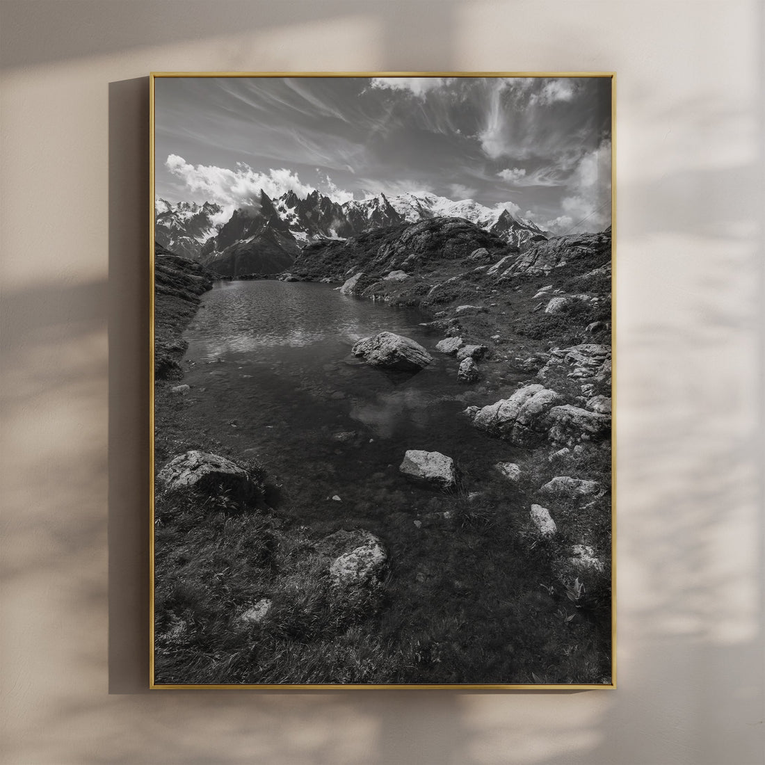 Black and white fine art print of Lac Flégère with dramatic mountain reflections in Chamonix.