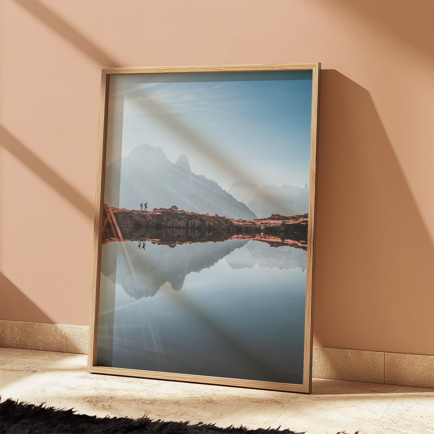 Minimalist Lacs des Chéserys landscape print with dreamy mist over the Mont Blanc Massif.