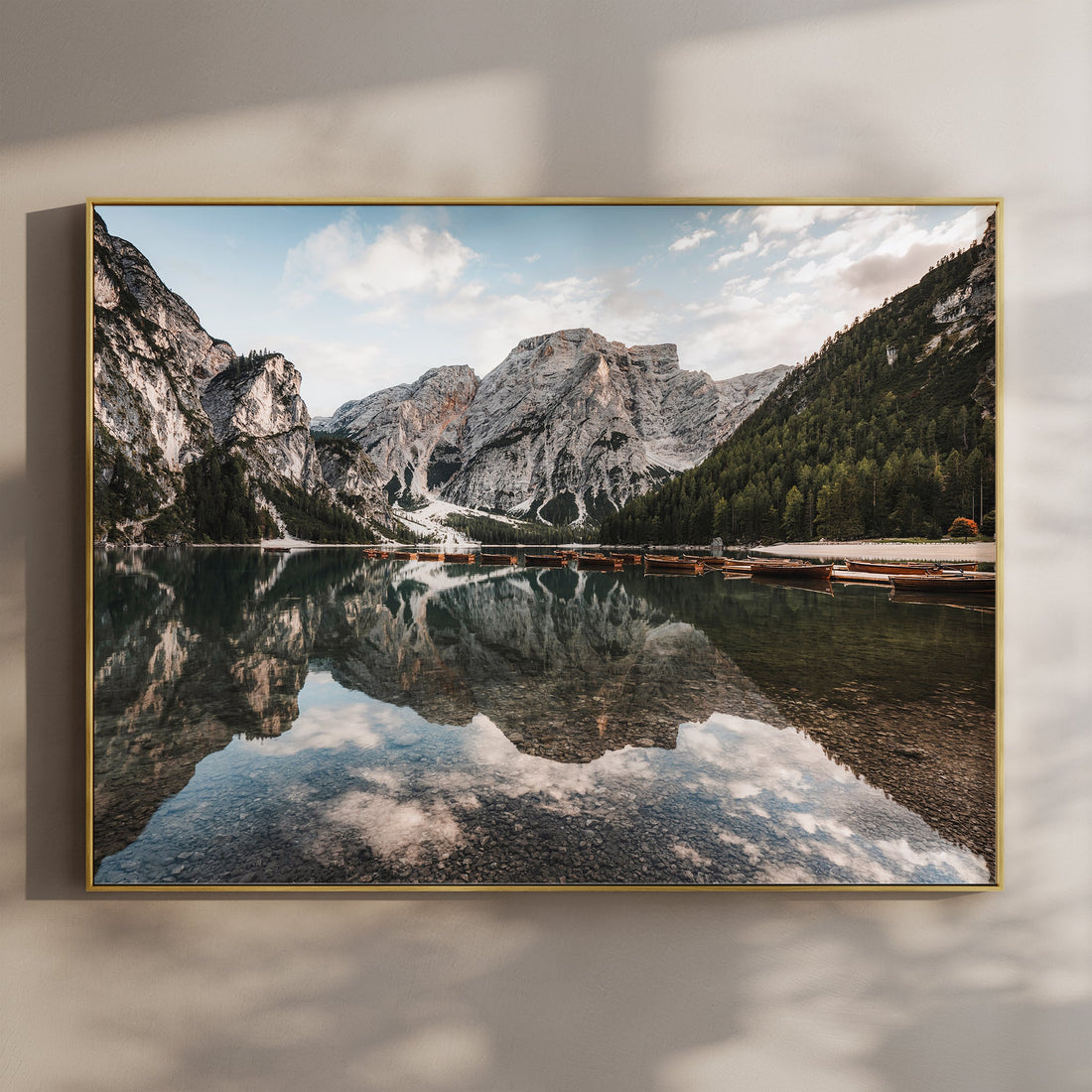 Lago di Braies landscape photography print with calm lake and mountain reflections