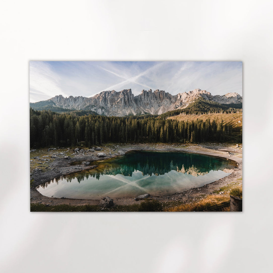 Lago di Carezza photography print with Dolomites reflection on minimalist white wall