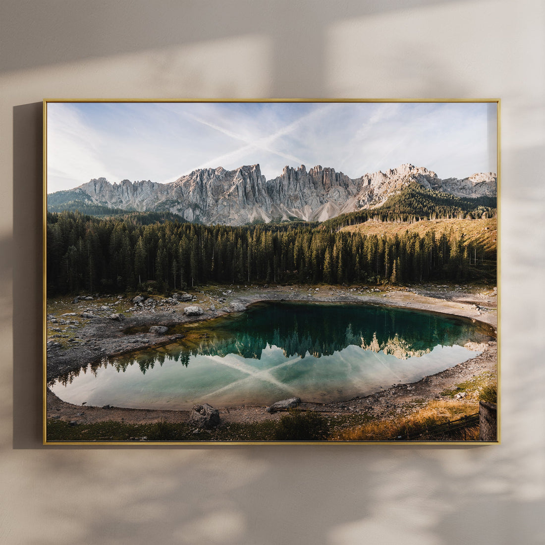 Lago di Carezza Dolomites wall art print in golden frame with evening light
