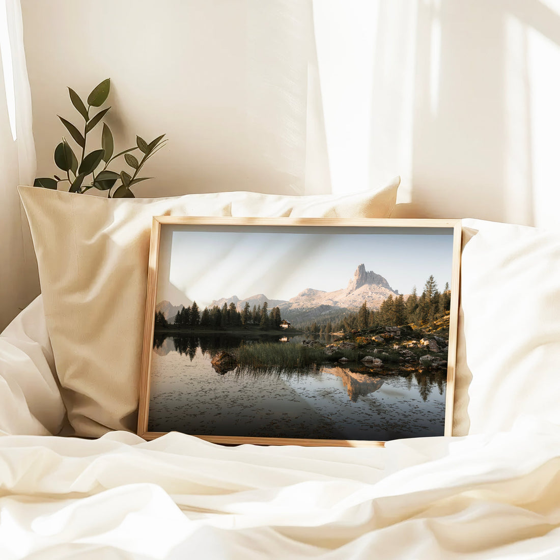 Stunning autumn landscape print of Lago di Federa, surrounded by golden trees and rugged peaks.