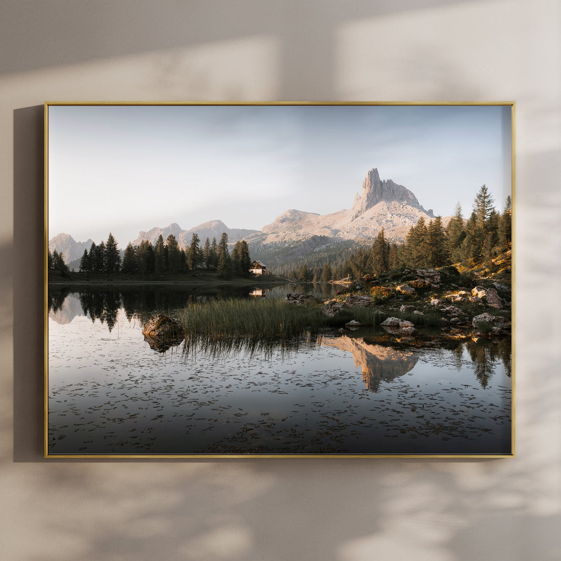 Tranquil Lago di Federa wall art print featuring serene lake reflections and the Dolomite mountains.